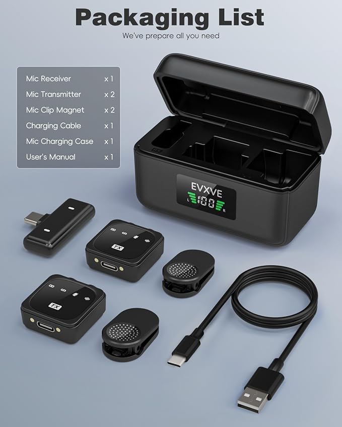Wireless Lavalier Microphone for iPhone/Android with Type-C Plug, 48KHz, Noise Cancellation, Battery Charging Case Included, 98ft Range, Mini Microphones for Stream,TikTok,YouTube (Type-C)