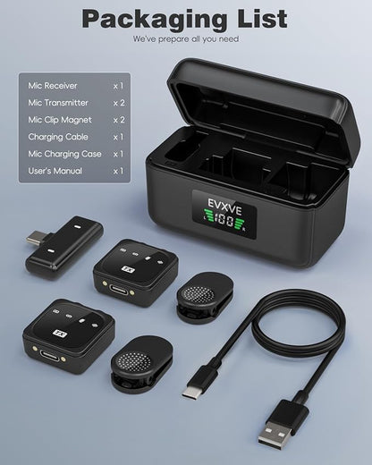 Wireless Lavalier Microphone for iPhone/Android with Type-C Plug, 48KHz, Noise Cancellation, Battery Charging Case Included, 98ft Range, Mini Microphones for Stream,TikTok,YouTube (Type-C)