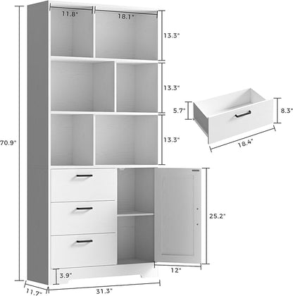 IRONCK Bookshelf with Drawers, 70.9 inch Tall Bookcase with Doors, Bookshelves and Bookcases with Storage, Bookshelf with 6 Open Cubes for Home Office, Living Room, Study, White