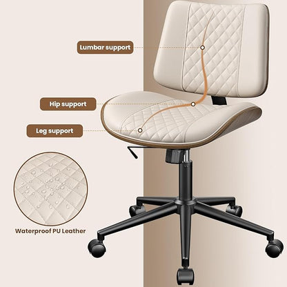 Armless Office Chair, Mid Century Modern Desk Chair with Walnut Wood Back & SGS Level 3 Gas Lift, Swivel PU Leather Computer Chair for Small Space, Home Office, Bedroom, 300lbs Cap, Beige