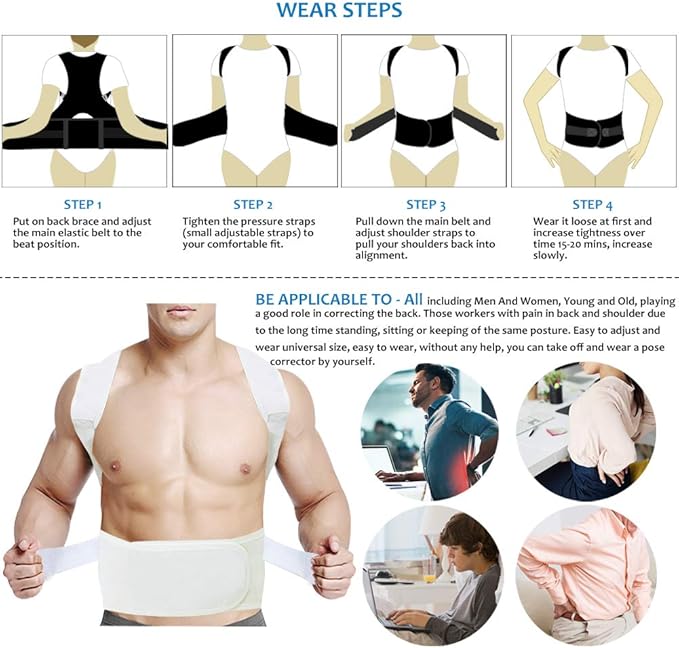 Thoracic Back Brace Posture Corrector - Magnetic Support for Neck Shoulder Upper and Lower Back Pain Relief - Perfect Posture Brace for Cervical Lumbar Spine - Fully Adjustable Belt (Beige, Medium)