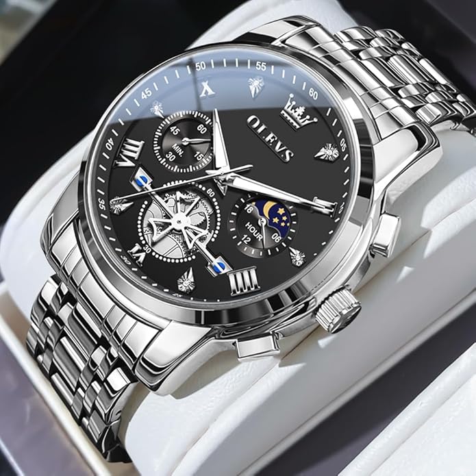OLEVS Men Silver Watches,Men's Stainless Steel Chronograph Watch,Man Analog Quartz Big Face Male Watches Luxury Waterproof Roman Numeral Dress Diamond Relojes para Hombre