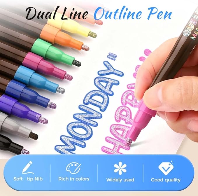 Marker Pen for Highlight Self-Outline Metallic, Double Line Magical Pens for Adult Coloring Books, Color Glitter Markers for Adults, Back to School Supplies for Kids, Toddler Gifts (8)