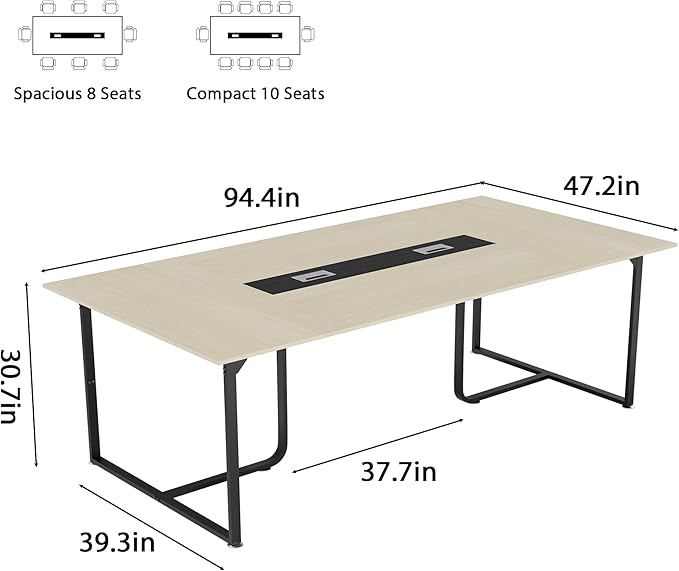 8FT Conference Table,Conference Room Table with Grommet,Stable Structure,Adjustable Foot Pads,Large Seminar Table for Office Meeting 94.4 L x 47.2 W x30.7 H (Wood)