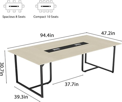 8FT Conference Table,Conference Room Table with Grommet,Stable Structure,Adjustable Foot Pads,Large Seminar Table for Office Meeting 94.4 L x 47.2 W x30.7 H (Wood)