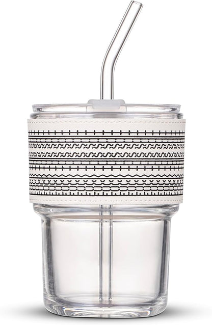 13oz/400ml Glass Water Tumbler with Straw and Lid Sealed Carry On Thick Wall Iced Coffee Cup Glass Cup for Water, Iced Tea Fruit Juice Etc (WTS)