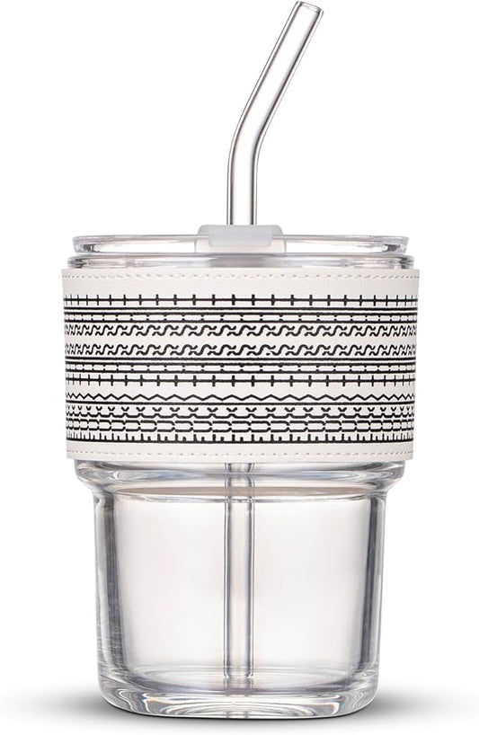13oz/400ml Glass Water Tumbler with Straw and Lid Sealed Carry On Thick Wall Iced Coffee Cup Glass Cup for Water, Iced Tea Fruit Juice Etc (WTS)