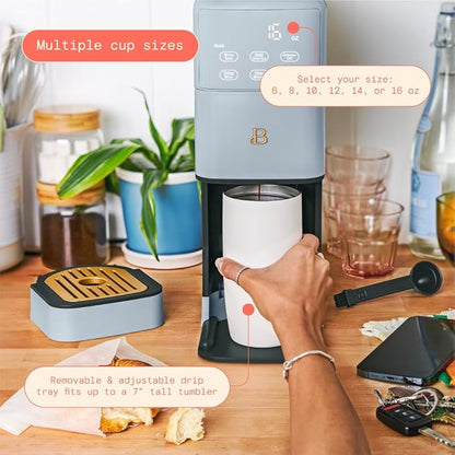 Beautiful Single Serve Coffee Maker with Built-In Burr Grinder, Hot or Iced, Pod-Free, 6 Brew Sizes, 3 Strengths, Touch Display, Reusable Filter, 64oz Reservoir, Slim Design (Cornflower Blue)