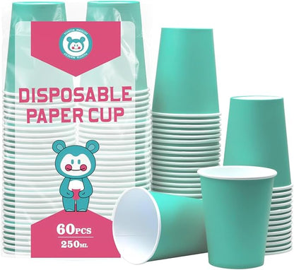 Disposable Paper Cups,60pcs Color Paper Cups For DIY Wedding Party Picnic BBQ Travel and Event 8OZ (Aqua blue)