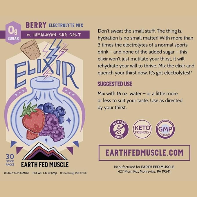 Earth Fed Muscle Elixir Berry Instant Hydration Electrolyte Packets Drink Mix – Zero Calorie, Sugar-Free, 30 Sticks Pack – Cure Electrolytes & Dehydration Relief