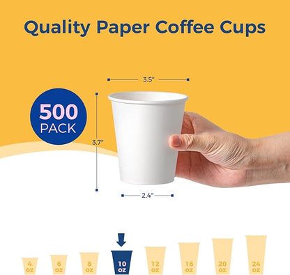 Fit Meal Prep 500 Pack 10 oz Disposable Paper Coffee Cups, Premium White Hot Cups for Hot/Cold Beverage, Durable Thickened Paper Cup Bulk for Party, Office, Bussines, Home, Bistros, Events