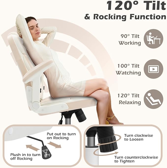 SEATZONE Home Office Desk Chairs with Wheels and Flip-up Armrests,Velvet Fabric Executive Office Chair Comfortable Ergonomic Computer Chairs for Adults and Teens,Beige