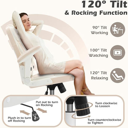 SEATZONE Home Office Desk Chairs with Wheels and Flip-up Armrests,Velvet Fabric Executive Office Chair Comfortable Ergonomic Computer Chairs for Adults and Teens,Beige
