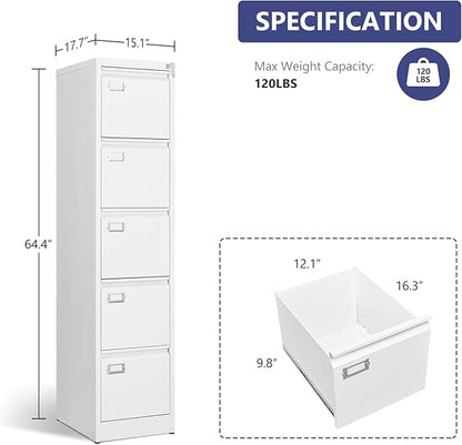 5 Drawer File Cabinet with Lock, Metal Filing Cabinets, 5-Vertical Filing Cabinet,Steel Lockable Storage Cabinets for Home Office to Organization Hanging Letter/Legal/F4/A4,White