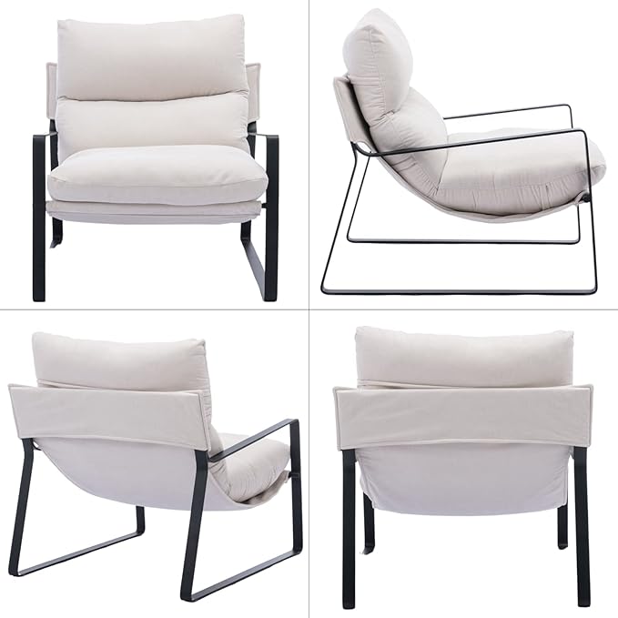 LukeAlon Modern Linen Accent Armchairs Set of 2, Upholstered Soft Living Room Chairs with Metal Base Removable Thickened Cushion Sofa Chairs Comfy Lounge Chair for Bedroom Living Room, White