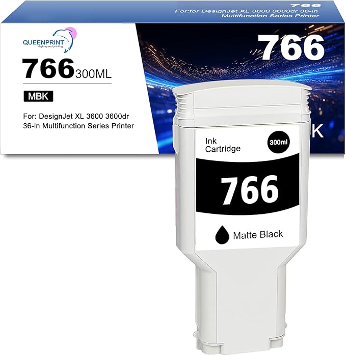 766 Ink Cartridge Matte Black P2V92A DYE 766 MBK Ink Replacement for 766 Ink Cartridge for DesignJet XL 3600 3600dr Series Printer Ink 1-Pack 300ml