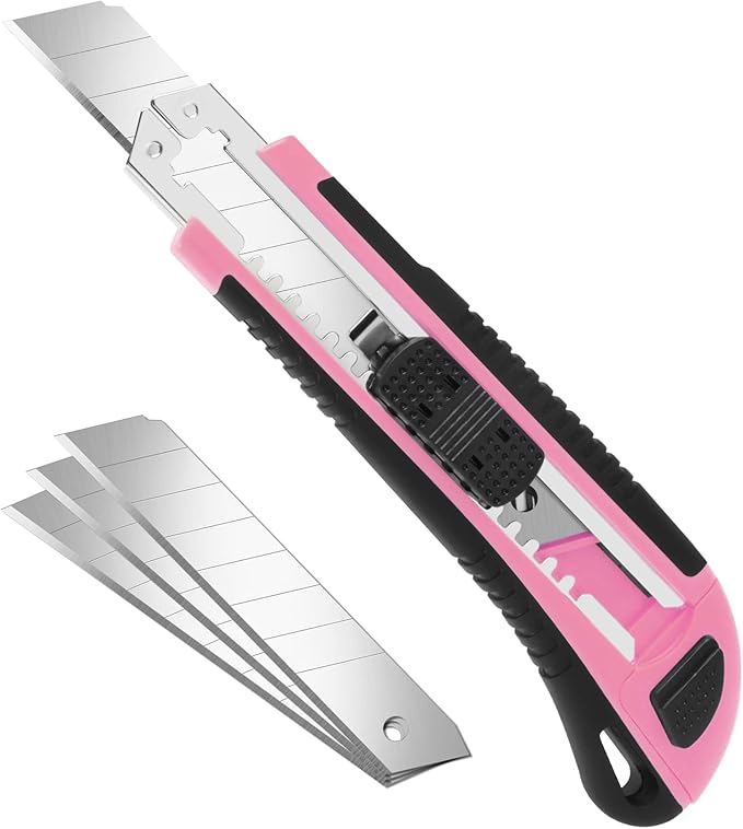 Box Cutter, Box Cutter Retractable Self Loading, Heavy Duty Utility Knife, 18mm-Wide Blade Knife, Box Opener Tool with Rubber Handle, Retractable Paper Exacto Knife, Pink