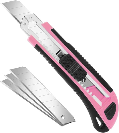 Box Cutter, Box Cutter Retractable Self Loading, Heavy Duty Utility Knife, 18mm-Wide Blade Knife, Box Opener Tool with Rubber Handle, Retractable Paper Exacto Knife, Pink