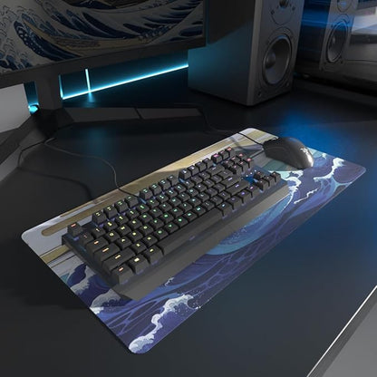 Large Sea Wave Mouse Pad, Blue Anime Desk Mat,Extended Non-Slip Keyboard Mousepad Office Desk Pad 23.6" x 11.8" Gaming Mouse Pads Desktop Protector for Office and Home