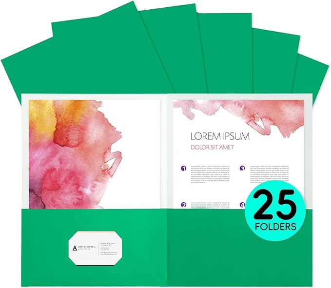 25Pcs Green Folders with Pockets,2 Pocket Folders Bulk,Holds 100 Sheets (50 per Pocket),Assorted Colors,Office Or School