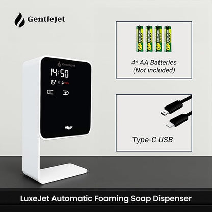 LuxeJet Automatic Foam Soap Dispenser Touchless, USB-C Powered or Battery, Aluminum Alloy Body, Wall Mount or Countertop, Digital Display, Hands-Free Automatic Soap Dispenser Touchless