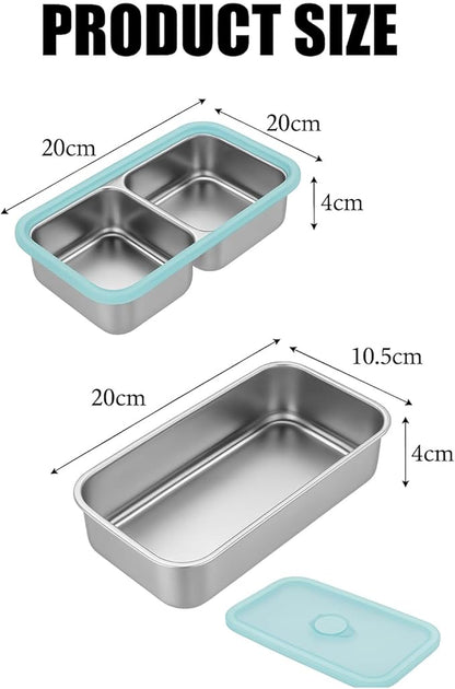 2 Pack Stainless Steel Snack Containers – Leakproof Reusable Bento Boxes with Lids for Food Storage, Travel, Work, Outdoor (Clear Lid/Silver Base, 1 Compartment)