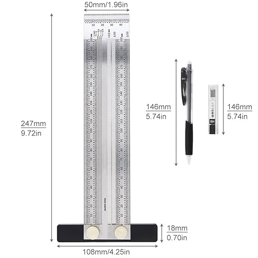 Precision Marking T-Rule Stainless Steel T Square with Mechanical Pencil & 0.5mm Refill Scribing Line Ruler for Marking or Measuring, for Carpenters, Designers, Architects, Engineers 200mm