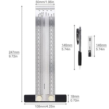 Precision Marking T-Rule Stainless Steel T Square with Mechanical Pencil & 0.5mm Refill Scribing Line Ruler for Marking or Measuring, for Carpenters, Designers, Architects, Engineers 200mm