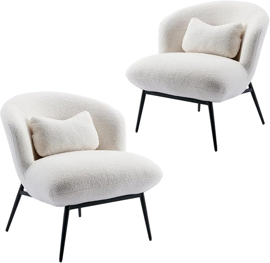 DUOMAY Modern Accent Chairs Set of 2, Sherpa Upholstered Leisure Boucle Single Sofa Lounge with Lumbar Pillow Metal Legs Slipper for Living Room Bedroom Office, White