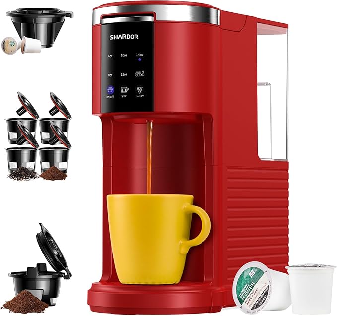 SHARDOR K Cup Coffee Maker, 3 in 1 Single Serve Coffee Maker for K Cup Pods & Ground Coffee & Teas, 6 to 14oz Brew Sizes, 40oz Detachable Water Reservoir, Compact Design, Red