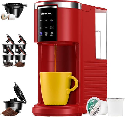 SHARDOR K Cup Coffee Maker, 3 in 1 Single Serve Coffee Maker for K Cup Pods & Ground Coffee & Teas, 6 to 14oz Brew Sizes, 40oz Detachable Water Reservoir, Compact Design, Red
