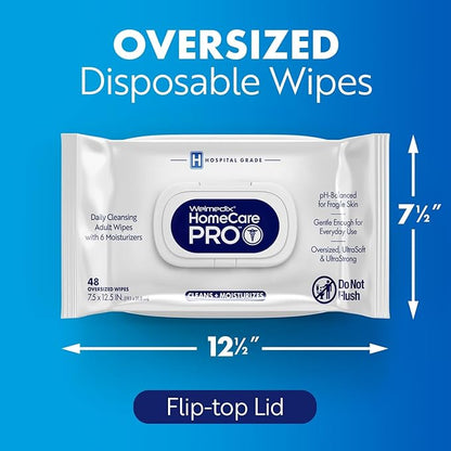 Homecare Pro Oversized Daily Cleansing Adult Wipes With 6 Moisturizers Wet Cleansing, Rinse Free, Bathing Wipes, Hospital Grade pH Balanced for Fragile Skin - | 48 Count XL |- 2 Pack