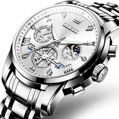 OLEVS Men Silver Watches,Men's Stainless Steel Chronograph Watch,Man Analog Quartz Big Face Male Watches Luxury Waterproof Roman Numeral Dress Diamond Relojes para Hombre