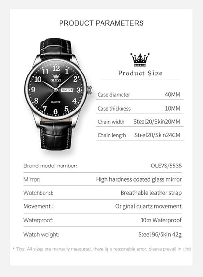 OLEVS Mens Watches Vintage Leather Band Dress Classic Easy Reader Arabic Numerals Analog Quartz Waterproof Date and Day Blue/Black/White Large Face Men's Wrist Watches