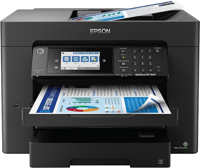 Epson Workforce Pro WF-7840 Wireless All-in-One Wide-Format Printer with Auto 2-Sided Print up to 13" x 19", Copy, Scan and Fax, 50-Page ADF, 500-sheet Paper Capacity, 4.3" Screen,Black