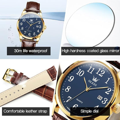 OLEVS Mens Watches Vintage Leather Band Dress Classic Easy Reader Arabic Numerals Analog Quartz Waterproof Date and Day Blue/Black/White Large Face Men's Wrist Watches