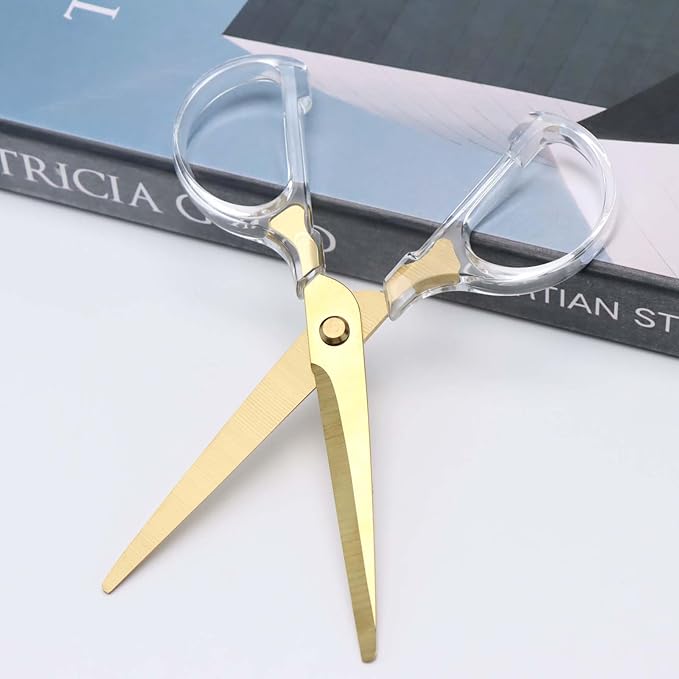 6 Inch Office Scissors Clear Acrylic Handles Gold Craft Scissor Semi-Circular Grip Fabric Shears Stainless Steel Sharp Blades Round Tips for Paper Thread (Gold)