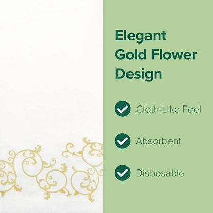 SimuLinen Gold Floral Disposable Linen Feel Bathroom Paper Towels - Soft, Cloth-Like, Single-Use, 12"x17" 100ct (Made in USA)