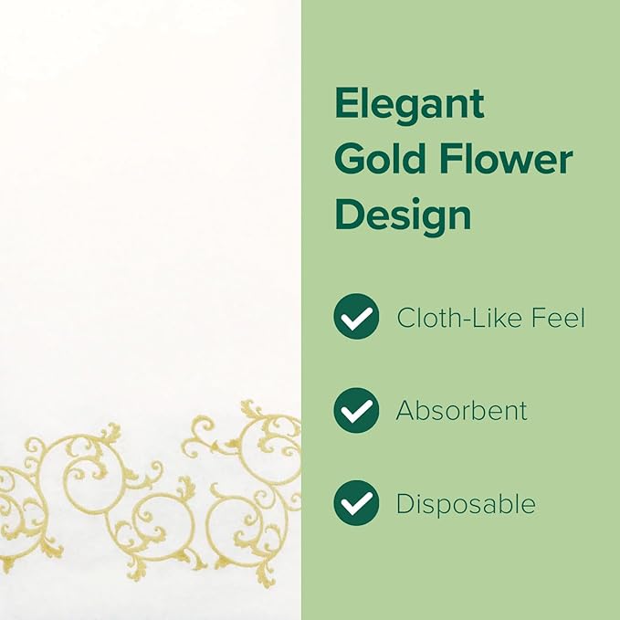 SimuLinen Gold Floral Disposable Linen Feel Bathroom Paper Towels - Soft, Cloth-Like, Single-Use, 12"x17" 300ct (Made in USA)