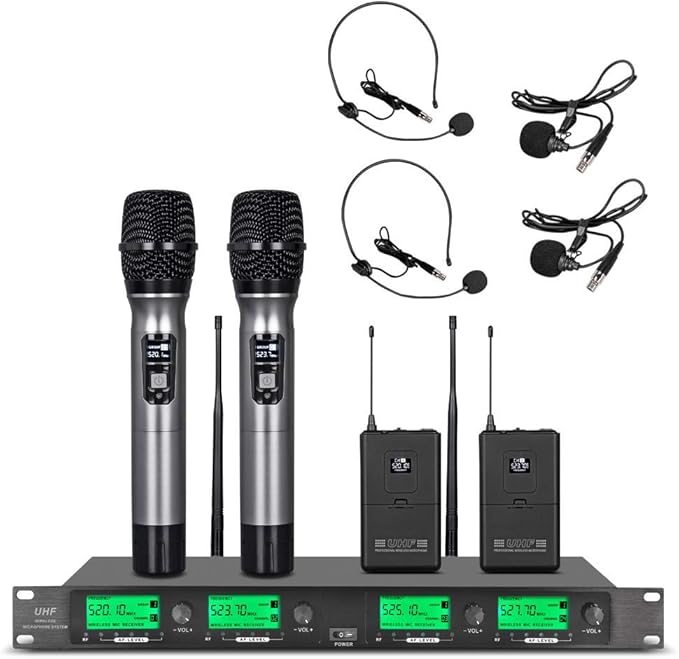 WENWEN Wireless Microphone System UHF 4 Channel 2 Handheld Mic 2 Headset 2 Lavalier Bodypack 2 Lapel Mic Pro Karaoke System Speaking Conference Wedding Party