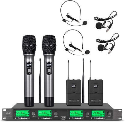 WENWEN Wireless Microphone System UHF 4 Channel 2 Handheld Mic 2 Headset 2 Lavalier Bodypack 2 Lapel Mic Pro Karaoke System Speaking Conference Wedding Party