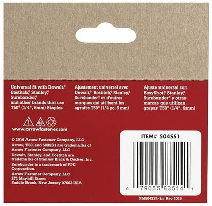 Arrow Fastener 504SS1 Heavy Duty T50 Stainless Steel Staples for Upholstery, Construction, Furniture, Crafts, 1/4-Inch Leg Length, 3/8-Inch Crown Size,1000-Pack