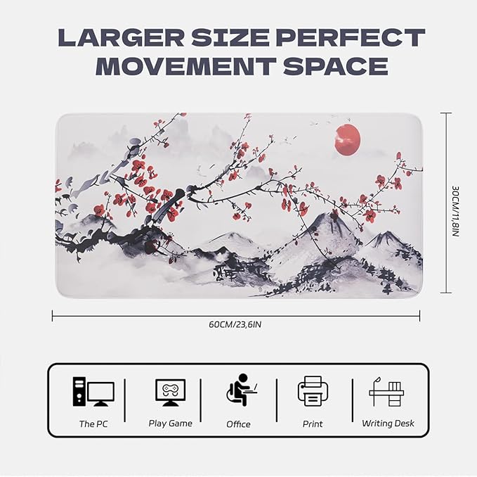 Large Sakura Mouse Pad, White Japanese Cherry Blossom Desk Mat,Extended Non-Slip Keyboard Mouse Pad Waterproof Office Desk Pad 23.6"x11.8" Anime Mouse Pads Desktop Protector for Office Home