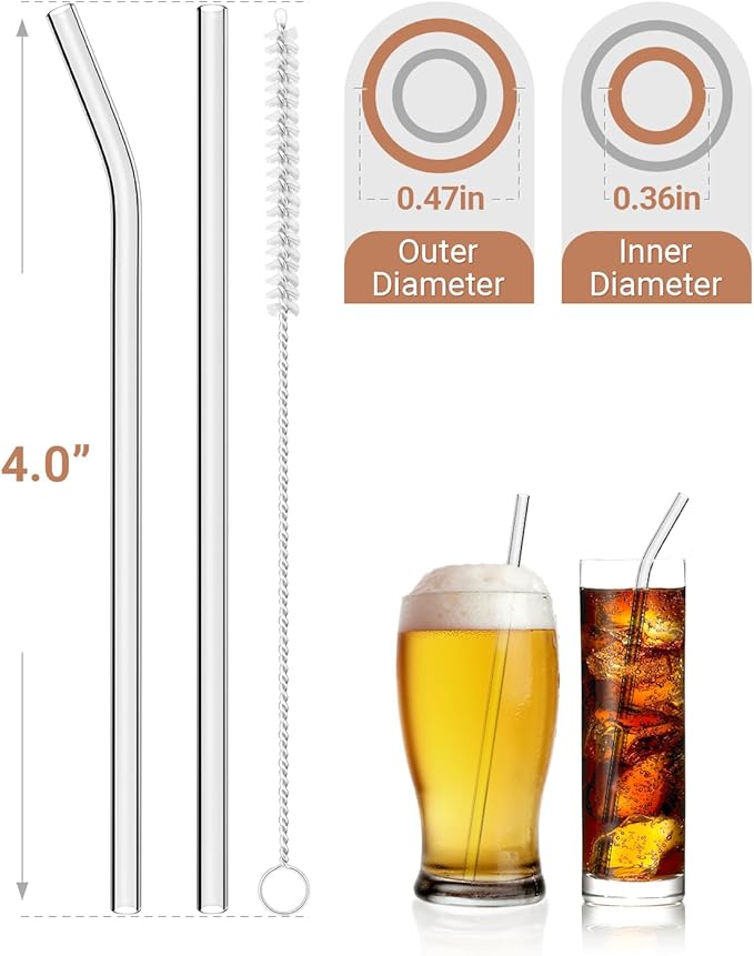 Foogwee® 20 Packs Reusable Glass Straws Set, 4'' x 12mm Clear Drinking Straws for Smoothies, Shakes, Coffee, Juice, Sodas, Milk, Tea, Cocktails, Set of 8 Straight and 8 Bent with 4 Cleaning Brushes