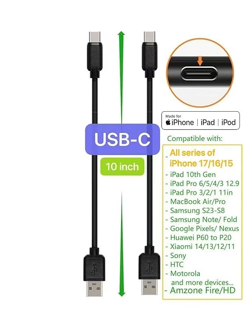 10-Pack Multi Short USB Cables & TypeC-C Cables for Charging Stations Compatible/w iPhone17,16,15, iPhone14-5/ iPads/iPad mini/iPad Pros/Samsung Moblies & Tablets/Pixel & Nexus/HTC/Sony(Black)