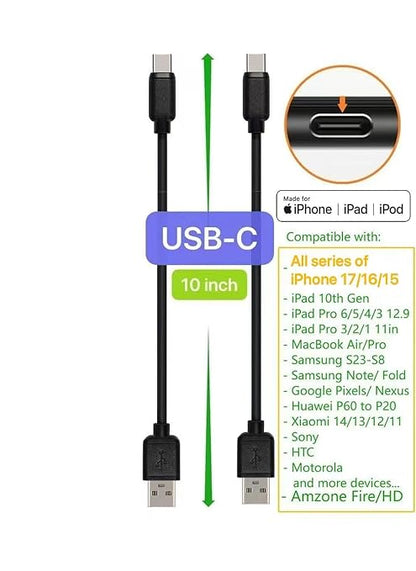 10-Pack Multi Short USB Cables & TypeC-C Cables for Charging Stations Compatible/w iPhone17,16,15, iPhone14-5/ iPads/iPad mini/iPad Pros/Samsung Moblies & Tablets/Pixel & Nexus/HTC/Sony(Black)