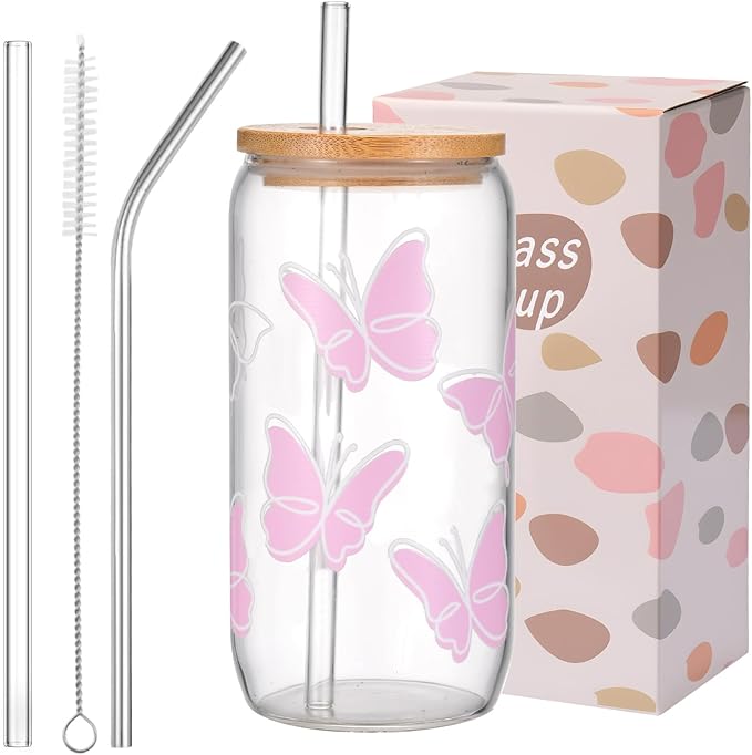 Butterfly Cute Glass Cups with Lids and Straws, Aesthetic Iced Coffee Cup, Girly Preppy Design Tumbler Mug, Birthday, Valentines, Teen Girl Gifts Trendy Stuff
