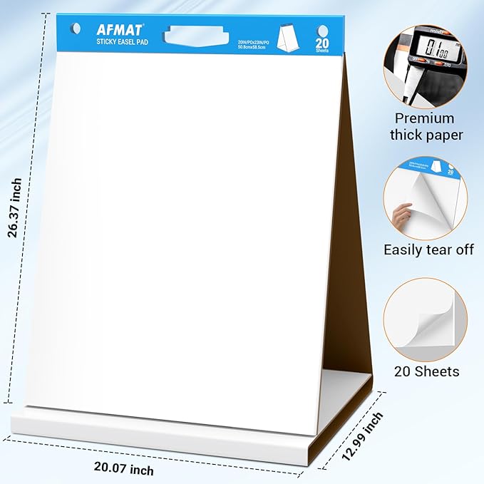 AFMAT Tabletop Sticky Easel Pad, 20 x 23 in Portable Easel Stands for Teachers, Super Sticky & Bleed-Resistant, Self-Stick Easel Paper for Office/Classroom/Training/Presentation, 20 Sheets/Pad, 8 Pads