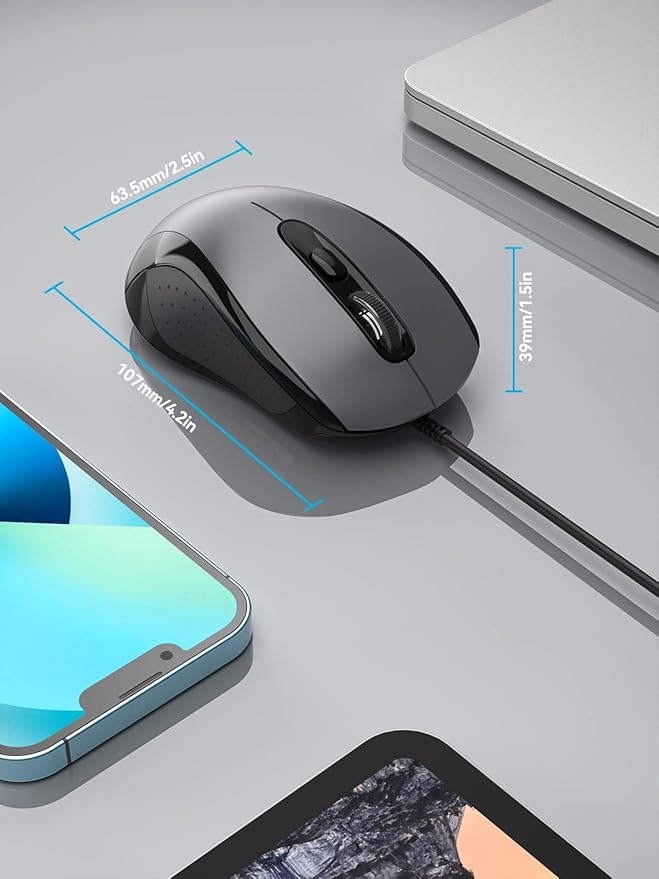 TECKNET Wired Mouse, USB Mouse for Laptop with 6-Button, 3600DPI Optical PC Wired Mice, Home and Office 5FT USB-A Corded Comfortable Mice, Plug & Play (Light Grey)