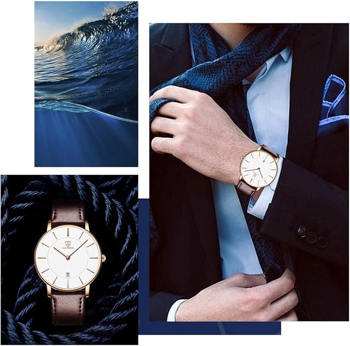 L LAVAREDO Watch for Men, Extremely Thin Mens Watches Minimalist Analog Men's Leather Wrist Watches with Time/Date, Birthday Gift for Men Boyfriend
